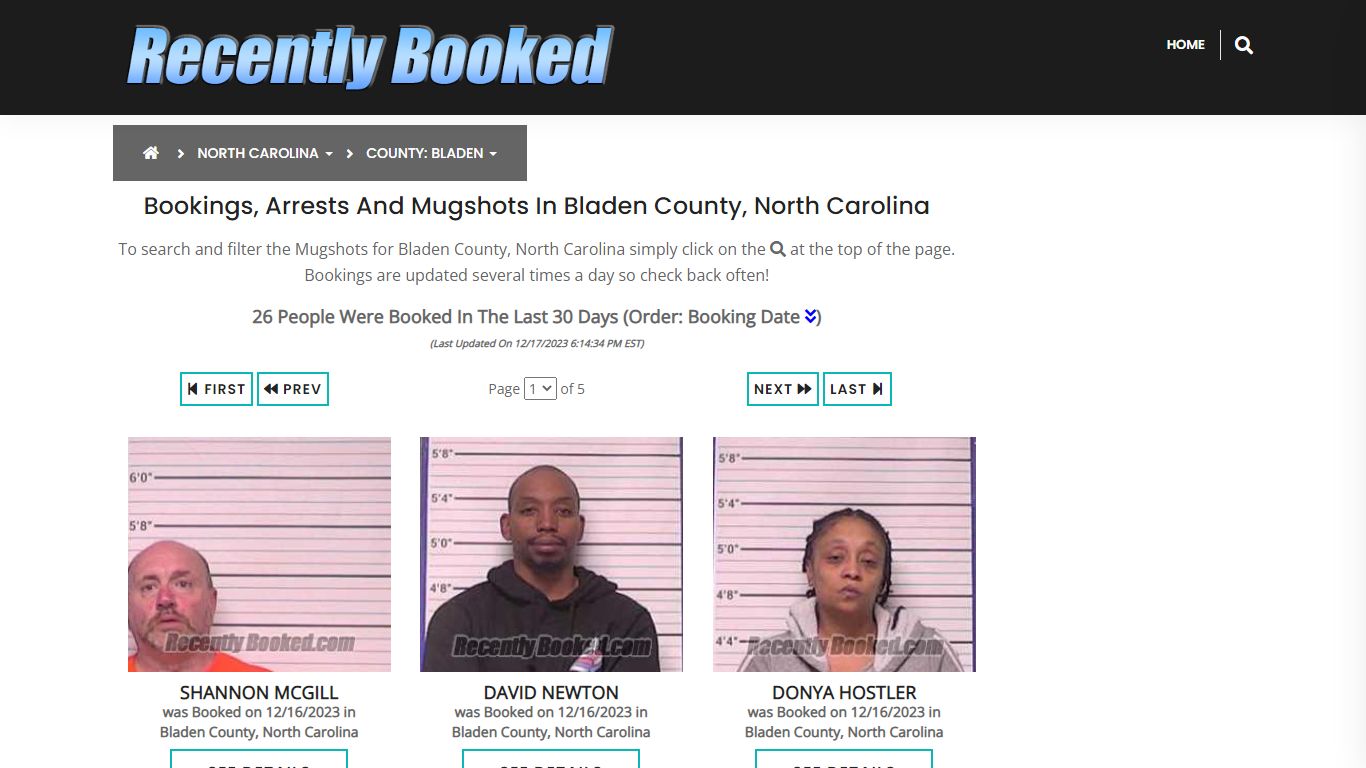 Bookings, Arrests and Mugshots in Bladen County, North Carolina